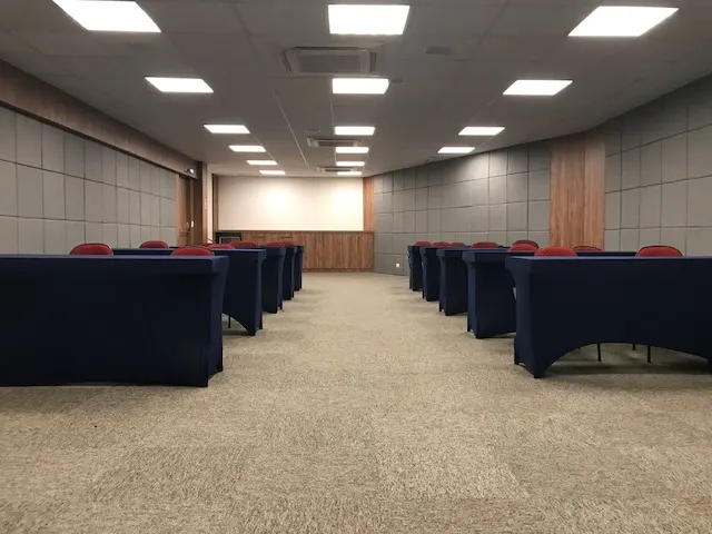 Sala Paulista set up classroom style, with tables and chairs